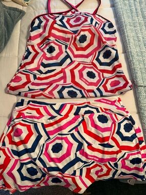 Lands' End Pink, Red and Navy Geometric Tankini with Swim Shorts